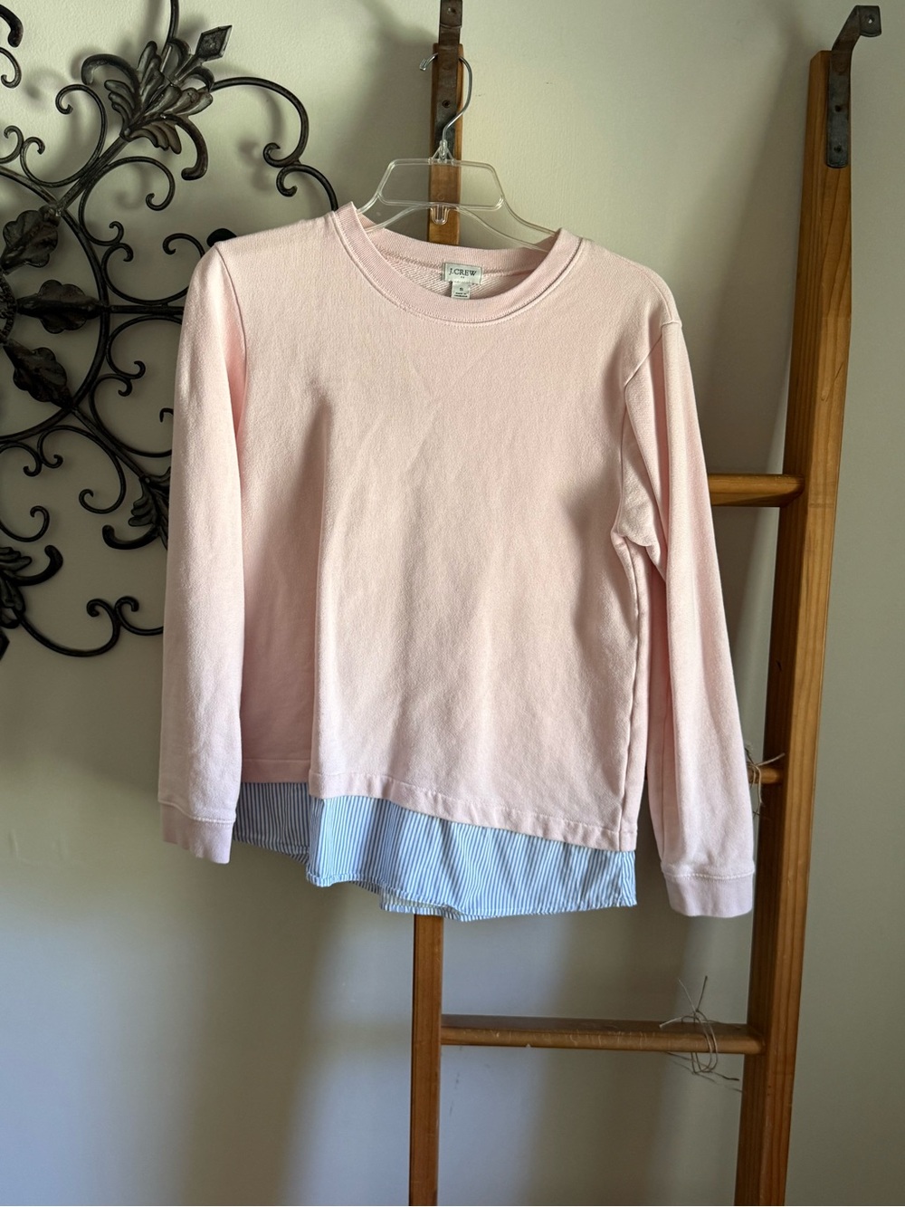 J. Crew Pink Layered-Look Sweatshirt with Striped Hem